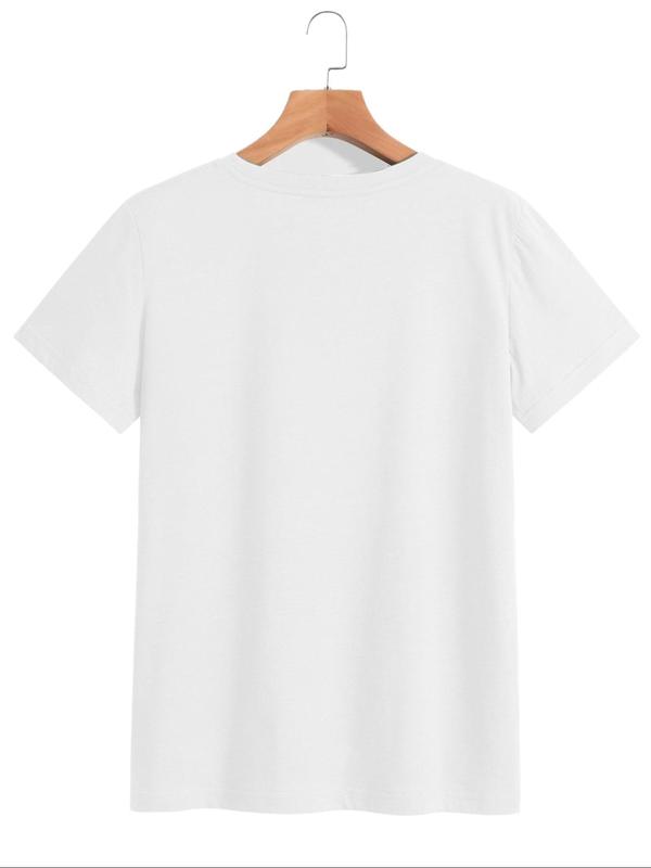 Women's Heart & Aircraft Print Round Neck Tee, Vintage Trendy Casual Short Sleeve T-shirt for Daily Wear, Ladies Summer Outfit 1