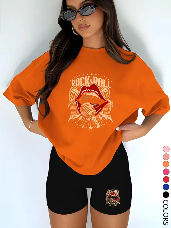 Two-piece Set Women's Letter Print Short Sleeve Tee & Skinny Shorts, Casual Round Neck T-shirt & Short Leggings, Ladies Clothes for Daily Wear, Suits, Womenswear, Matching Outfits, Outfit Sets Women 5