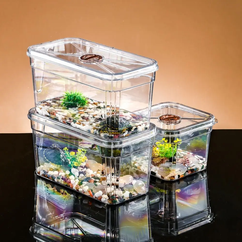 Portable Square/Rectangle Desktop Goldfish Bowl Broken Resistant Dustproof Betta Bowl Transparent with Lid and Handle Plastic Fish Tank for Betta Goldfish