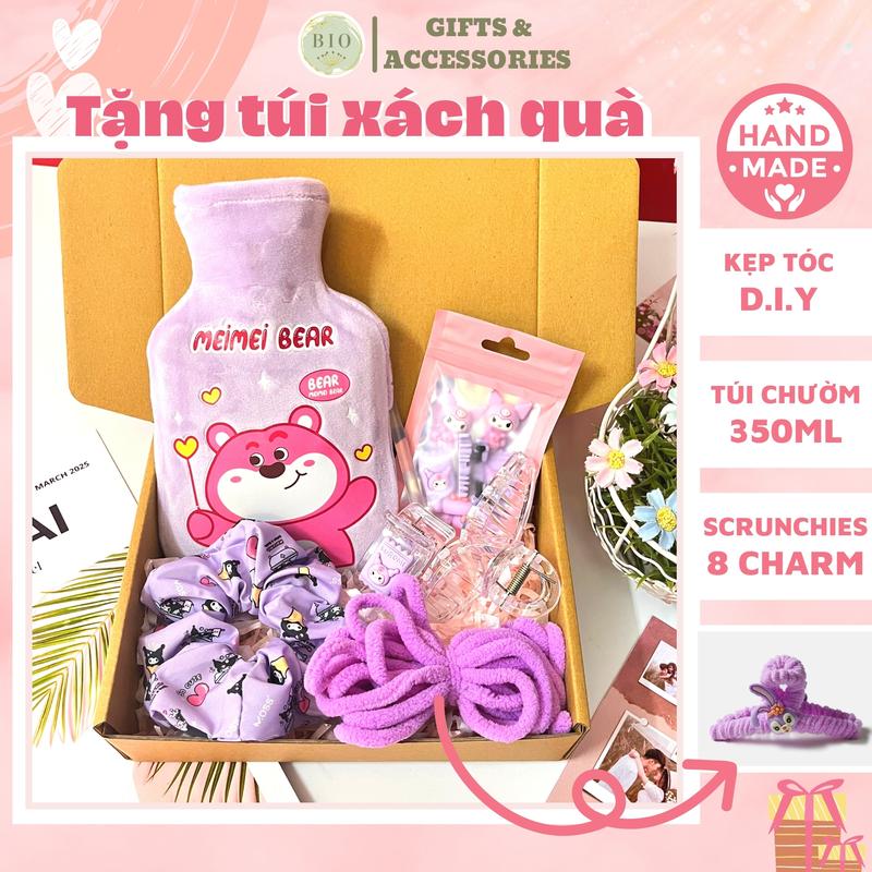 Bộ quà tặng bạn gái túi chườm bụng ngày dâu 350ml mix kèm set nguyên vật liệu kẹp tóc handmade tự làm bằng len nhung tặng kèm 6 charm sticker và keo nến
