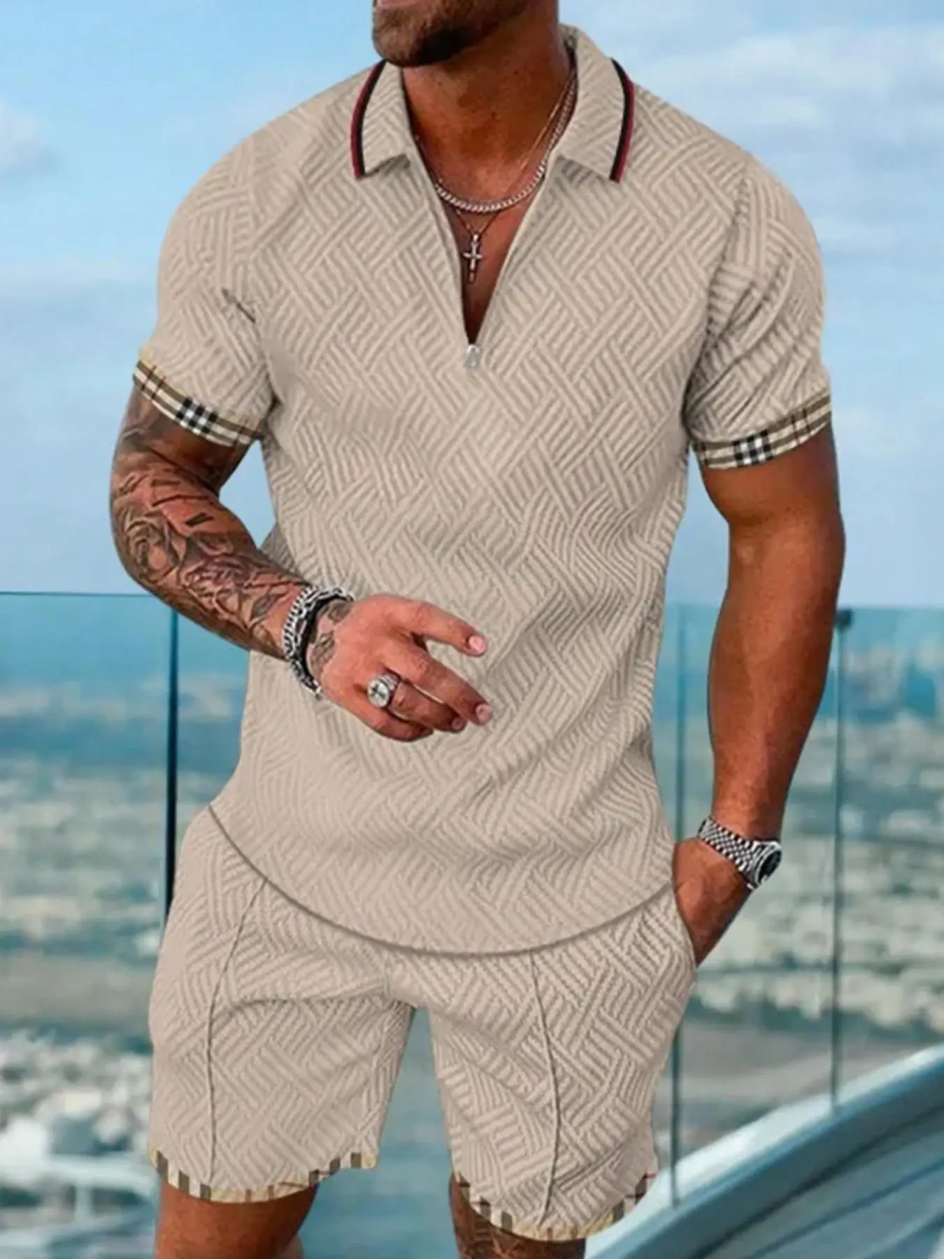 Men's Regular Fit Jacquard Short Sleeve Polo Shirt & Shorts Two-Piece Set, Casual Fashion Cozy Breathable Top & Shorts for Daily Outdoor Wear, Men Clothes for Summer