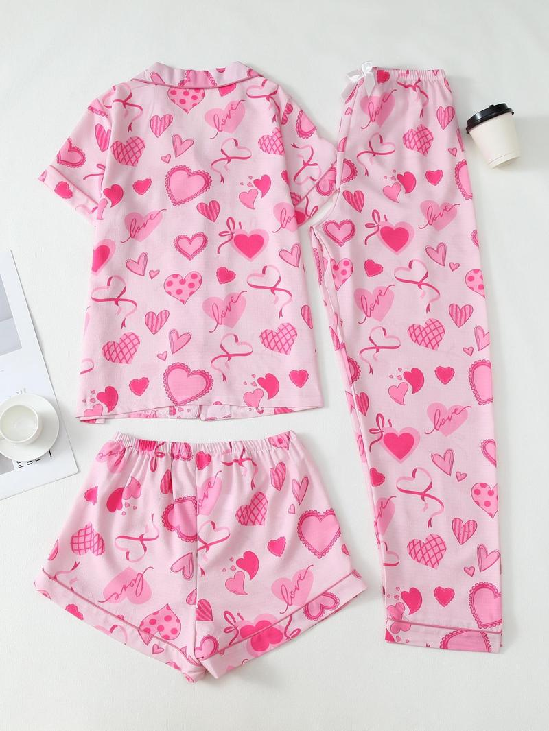 Product Introduction of Three-piece Set Women's Heart Print Top & Pants & Shorts Pyjama Set, Casual Comfy Round Neck Short Sleeve Top & Trousers & Shorts Pj Set, Ladies Sleepwear for All Seasons 2