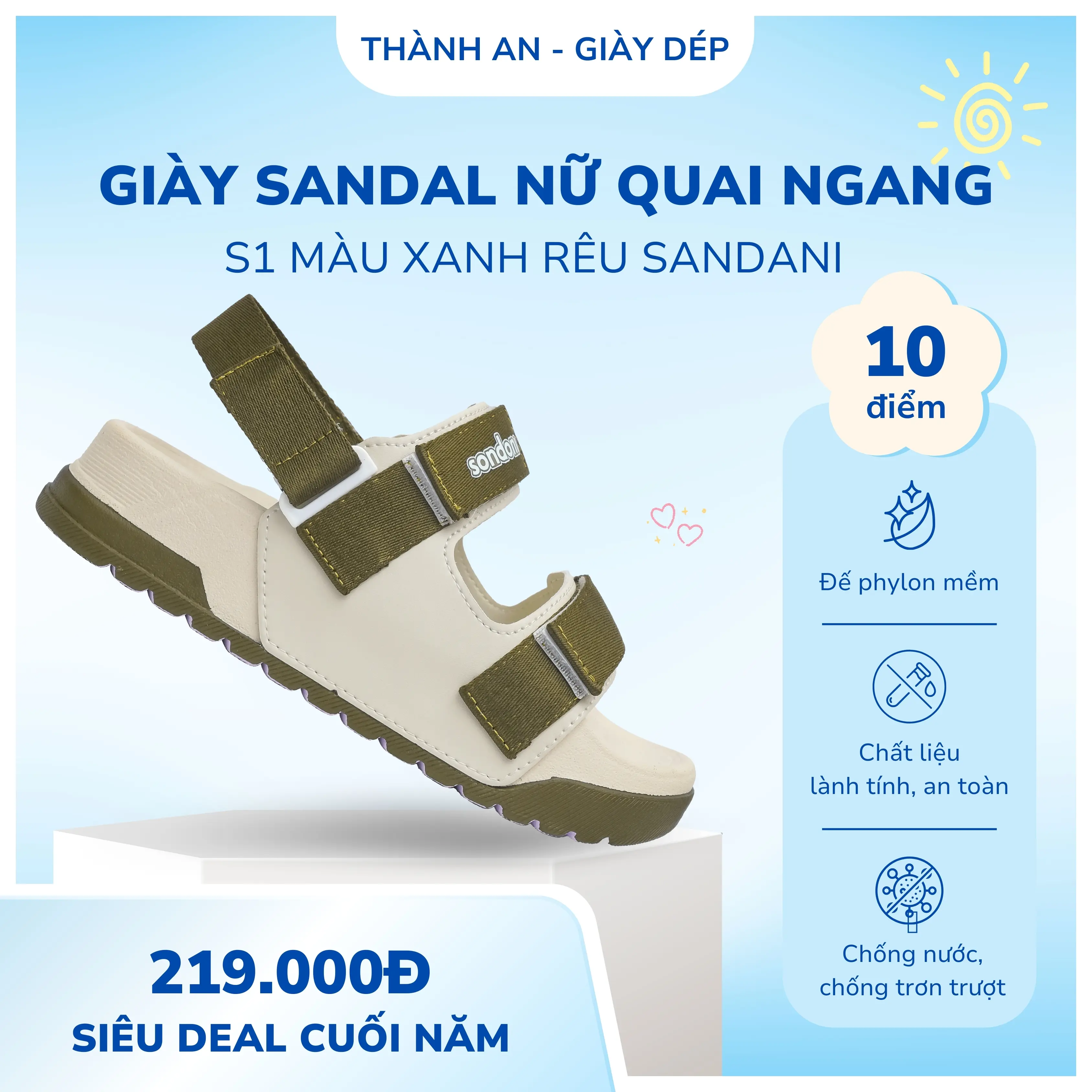 Dép Sandal Nữ Sandani Xanh Rêu S1 - Đế Phylon Nhẹ Êm, Quai Dù Bền, Đi Học Đi Chơi - Cao Su, DéP sandal  nữ