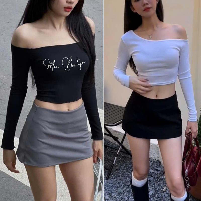  Chân váy cạp trễ Y2K dáng ôm có lót quần trong phong cách năng động mini skirt màu đen xám trắng 