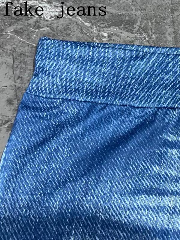 Plus Size Denim-Effect Print High Waist Leggings, Casual Stretchy Skinny Pants for Daily Outdoor Wear, Women's Bottoms for Spring & Fall 3