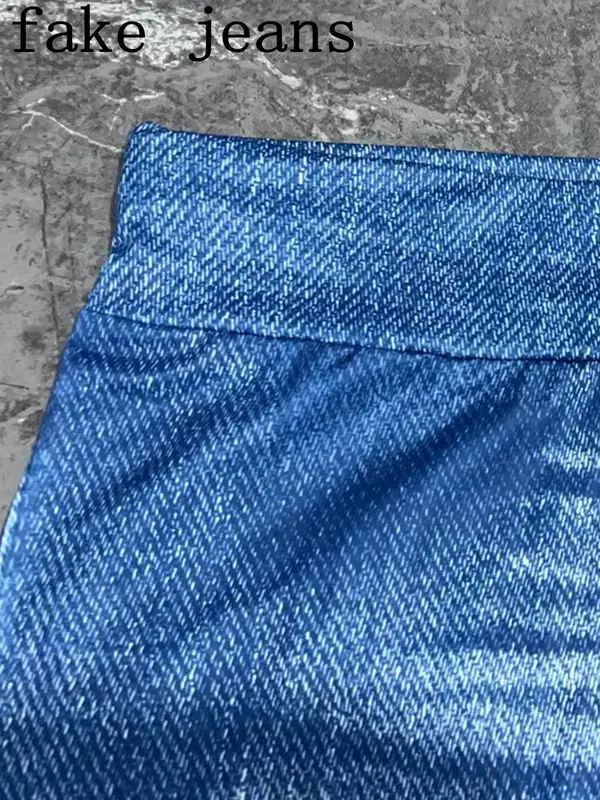 Plus Size Denim-Effect Print High Waist Leggings, Casual Stretchy Skinny Pants for Daily Outdoor Wear, Women's Bottoms for Spring & Fall 3