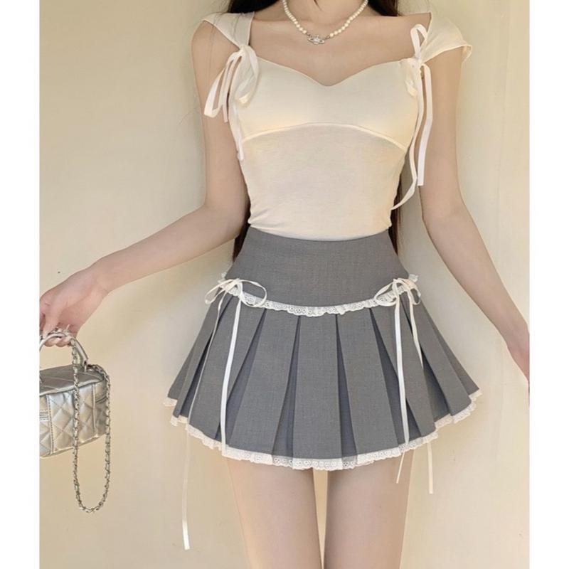 Chân váy ngắn đính nơ nữ xếp ly dáng xòe phối ren cạp cao hai màu phong cách lolita basic hottrend