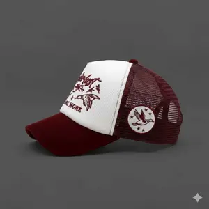 TOPI TRUCKER HAT LIDAH PENDEK BAHAN CORDUROY PUTIH MARON BORDIR