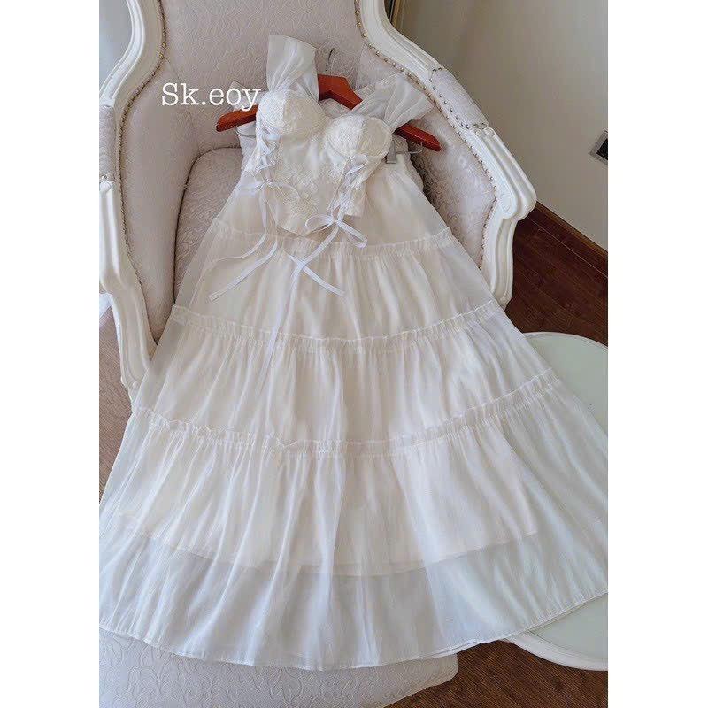 Set váy maxi đi biển chất tơ xốp phối ren kèm mút áo trễ vai nhúng eo, dây thắt nơ, váy dài đi biển dáng xòe nhẹ nhàng 5