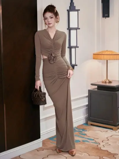 Váy nhún ly gắn hoa be dáng dài Lalios ECLIPSE CLOTHING event dạ tiệc