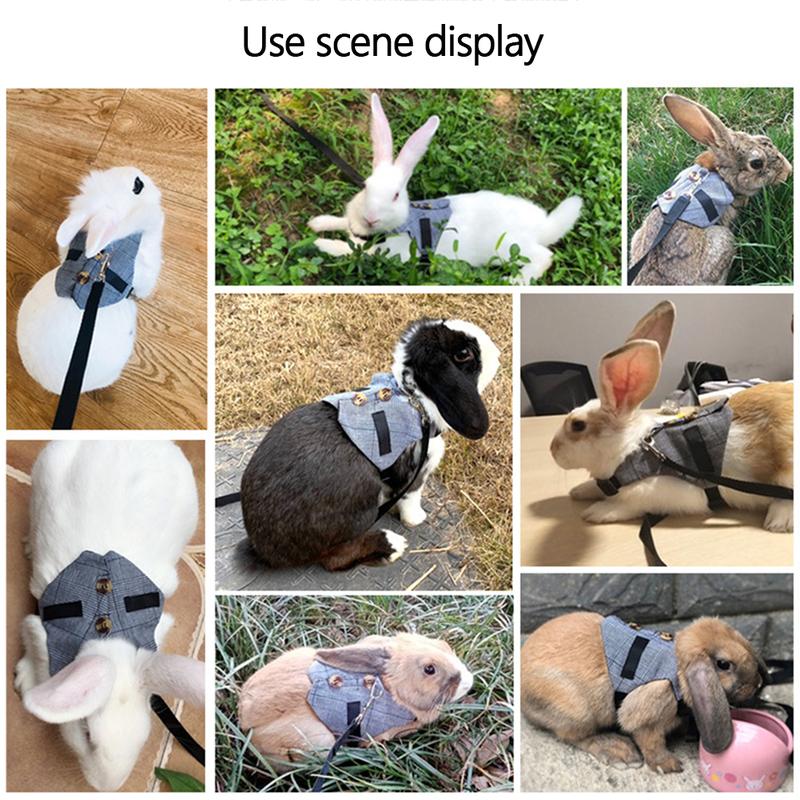 Product Introduction of Rabbits Suit Vest Small Pet Gray Plaid Harness Adjustable Breathable Rabbit Chest Strap Outdoor Pet Vest with Pulling Rope S/M/L 20
