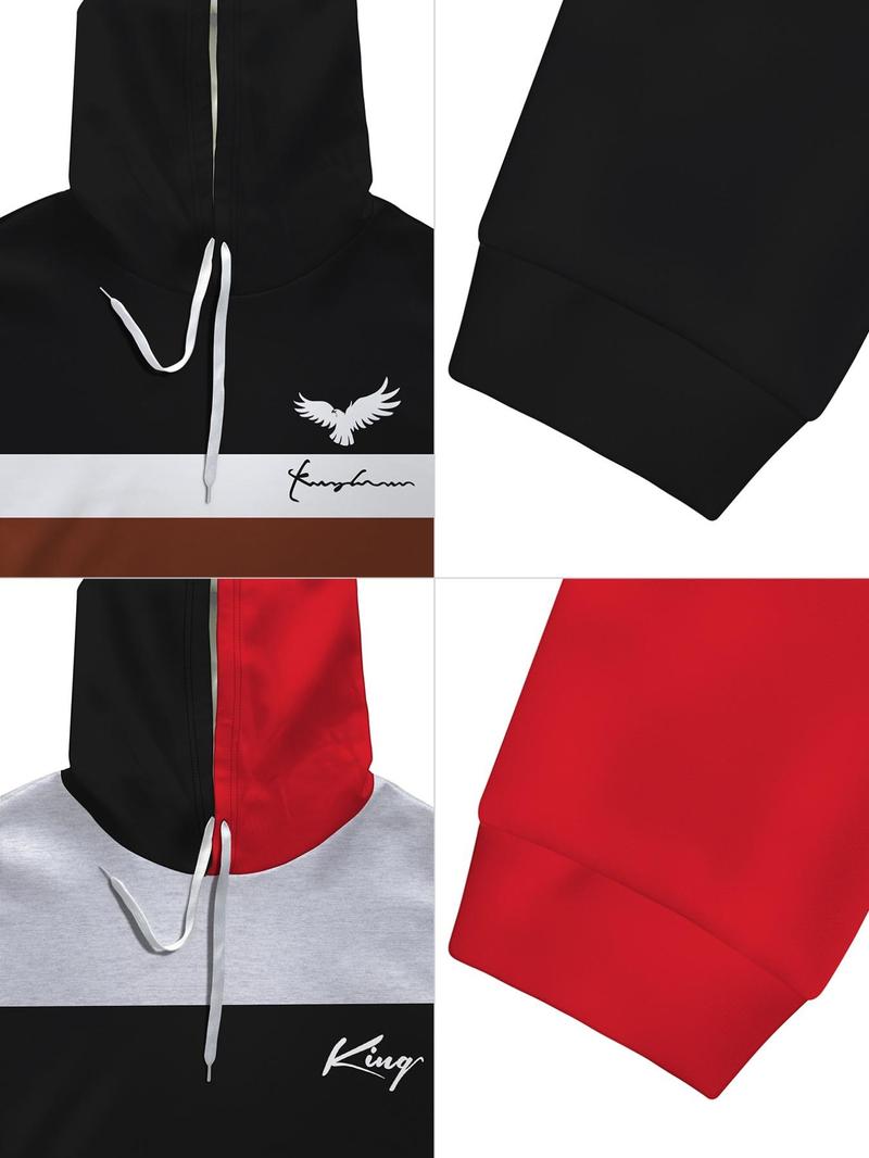 Product Introduction of Men's Patchwork Letter & Eagle Print Drop Shoulder Hoodie, Casual Regular Fit Drawstring Pocket Hooded Sweatshirt for Fall & Winter, Men's Clothes for Daily Wear 6