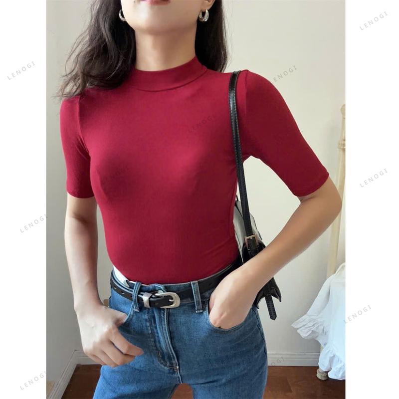 Áo thun nữ ôm body LENOGI Áo phông cộc tay lỡ cổ cao ngắn tay cotton không pha nilon mịn mát A97 
