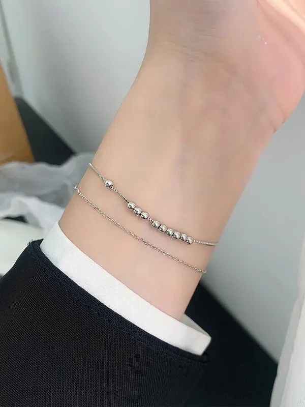 S925 Sterling Silver Simple Double-layer Beaded Bracelet, Fashionable Jewelry for Women & Girls, Trendy All-match & Exquisite Jewelry for Birthday Gift 3