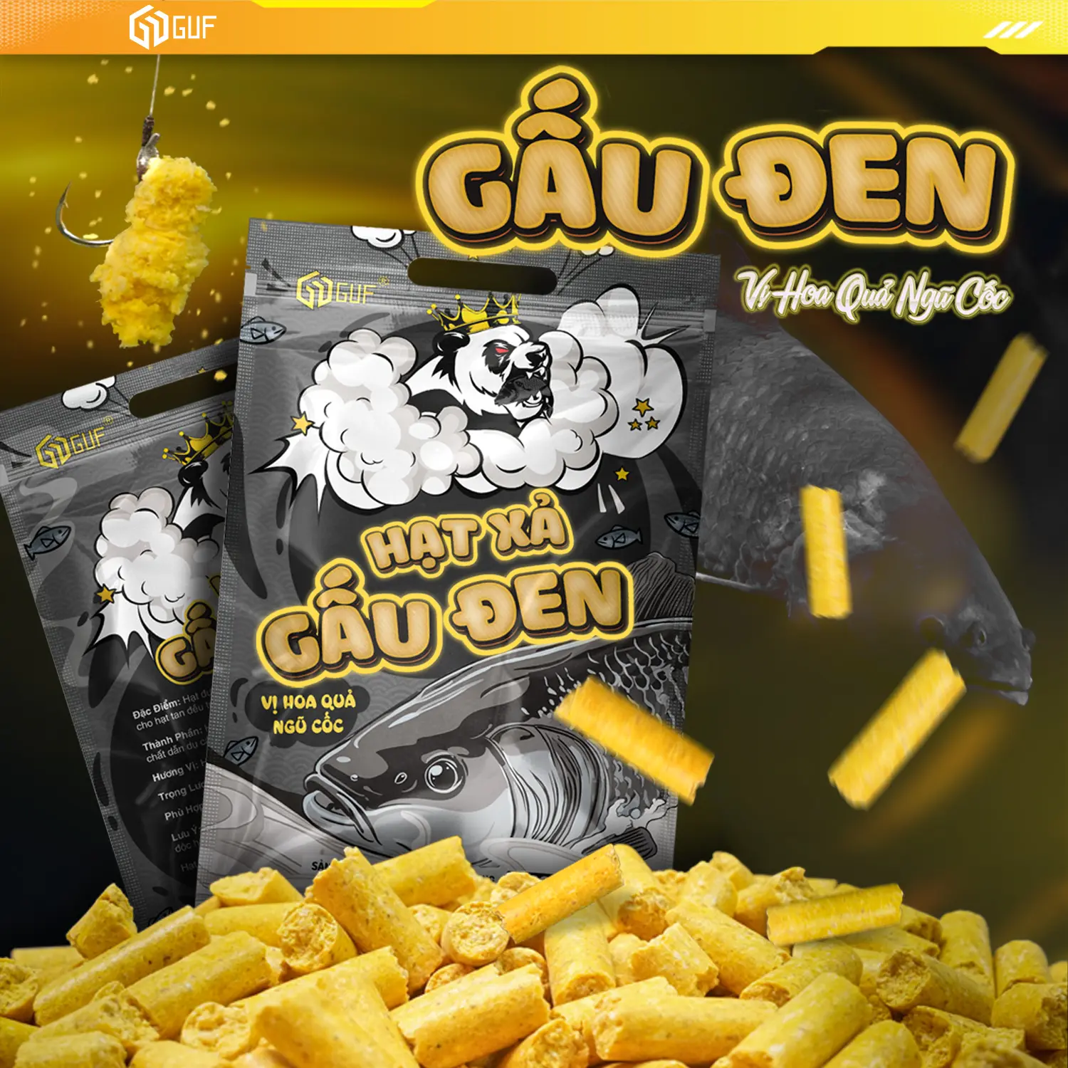 Hạt Xả GUF Gấu Đen - Ngũ Cốc Hoa Quả, Hạt xả chuyên câu Trắm Đen, Trắm Cỏ, Chép, trọng lượng 1500g, sản xuất từ thành phần tự nhiên.