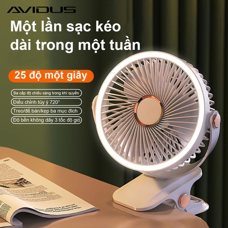 AVIDUS Quạt Kẹp Bàn Mini Tích Điện Dung Lượng 10000mAh Có 5 Chế Độ Gió Quạt Tích Điện Xoay 720 Kèm Đèn Ngủ & Pin sạc Tiện Lợi Usb Mobile Phụ Kiện