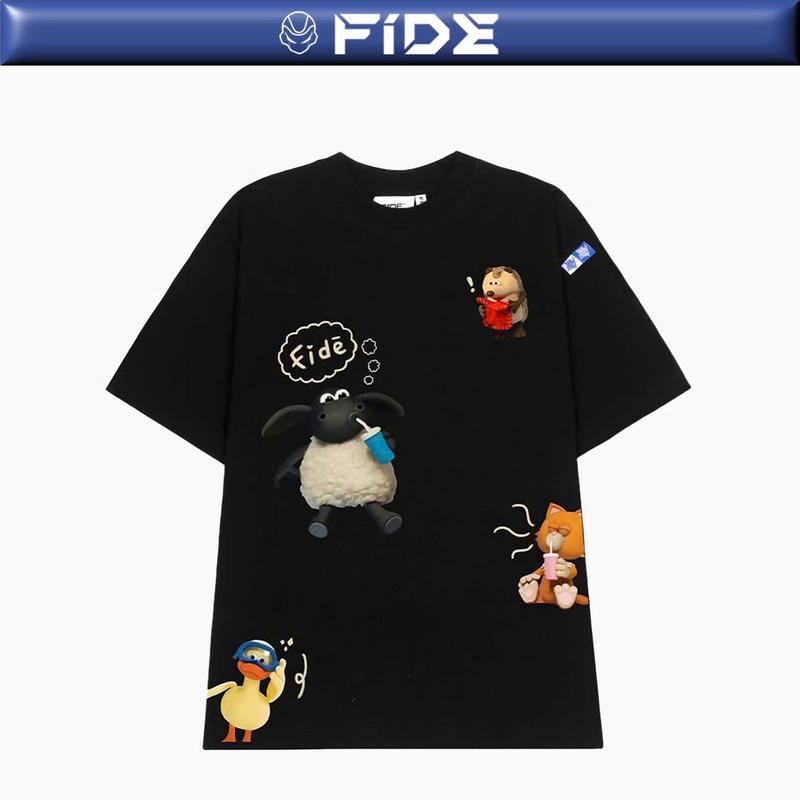 Áo thun chú cừu FIDE phông trơn nam nữ cổ tròn SHAUN 15 Menswear Top Đen Kem Cotton màu đen đễ thương