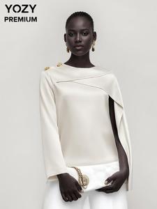 YOZY Women's Plain Asymmetrical Button Decor Blouse, Casual Long Sleeve Round Neck Top for Daily Wear, Ladies Clothes for All Seasons