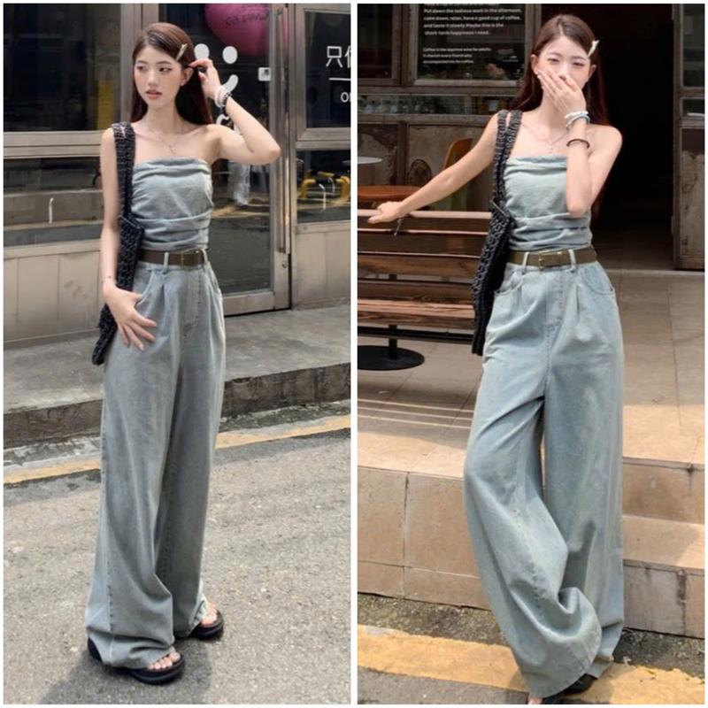 Letty Jumpsuit Denim Cúp Ngực Xếp Li Nữ Mùa Hè Thu, Quần Suông Dài Liền Thân Ôm Eo Tôn Dáng size S M Women