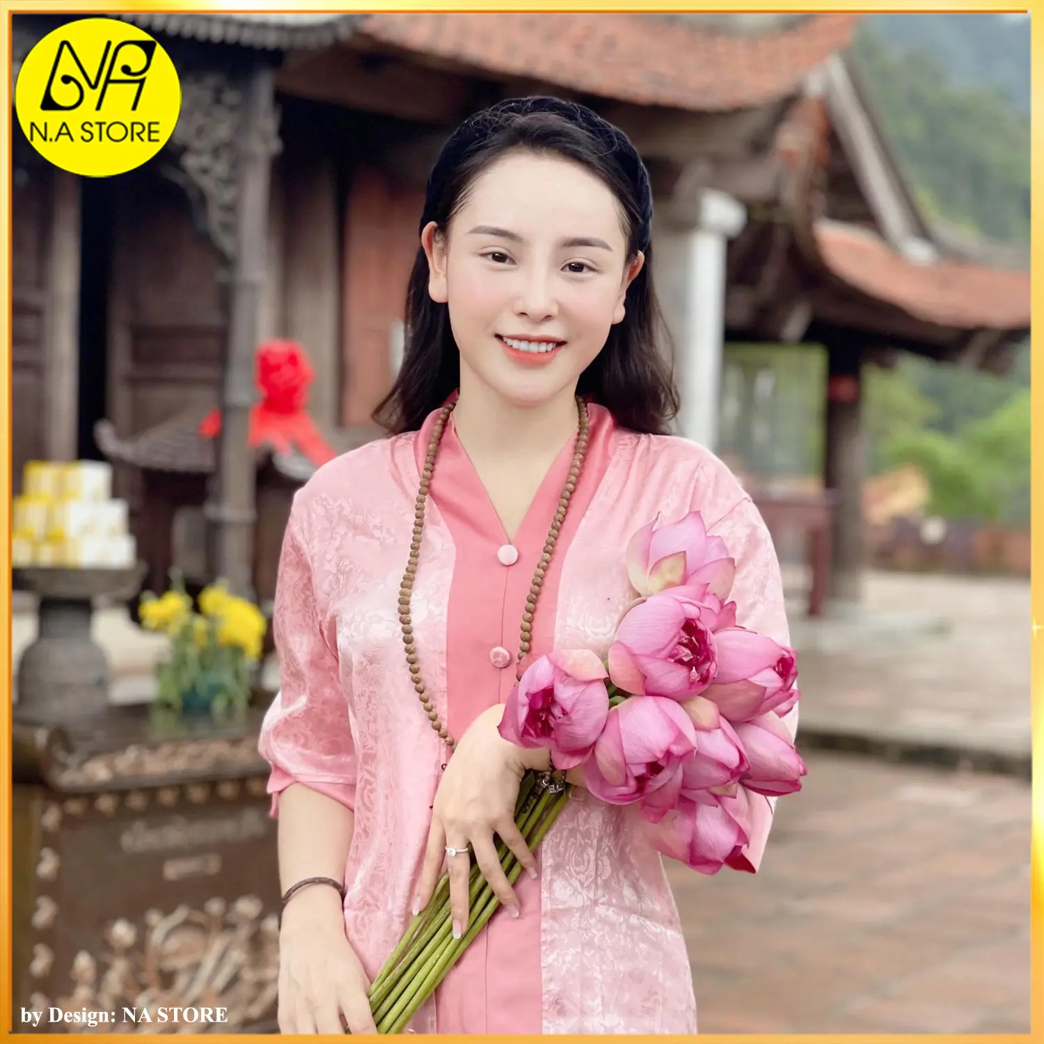 Đồ Lam Nữ Đi Chùa Vải Gấm Lụa Hoa Ẩn Cổ V Nẹp Viền, Quần Lụa Satin Mềm Mịn- NA007