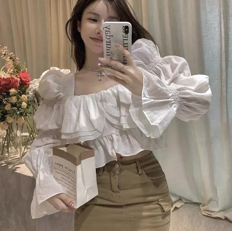 Áo croptop tay dài phồng cổ vuông( Bigsize 65kg) Nữ Women