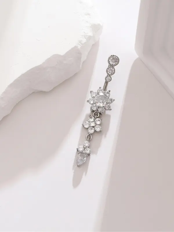 Women's Rhinestone Flowers Decor Belly Ring, Rhinestone Decorated Belly Button Ring, Elegant Flower Design Belly Piercing For Women 2