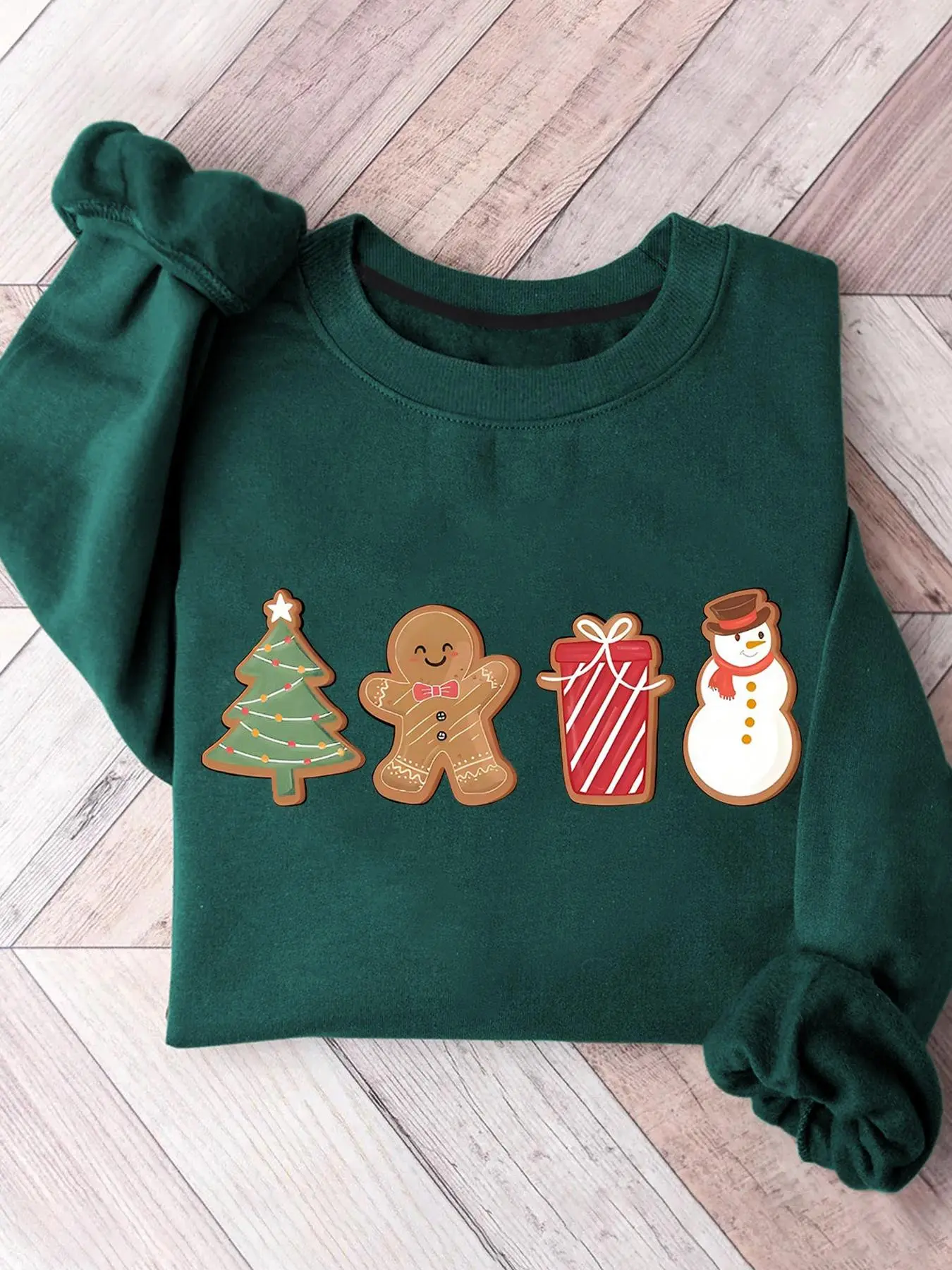 Women's Christmas Gingerbread Man Print Crew Neck Pullover, Casual Long Sleeve Sweatshirt for Spring & Fall, Ladies Clothes for Daily Wear
