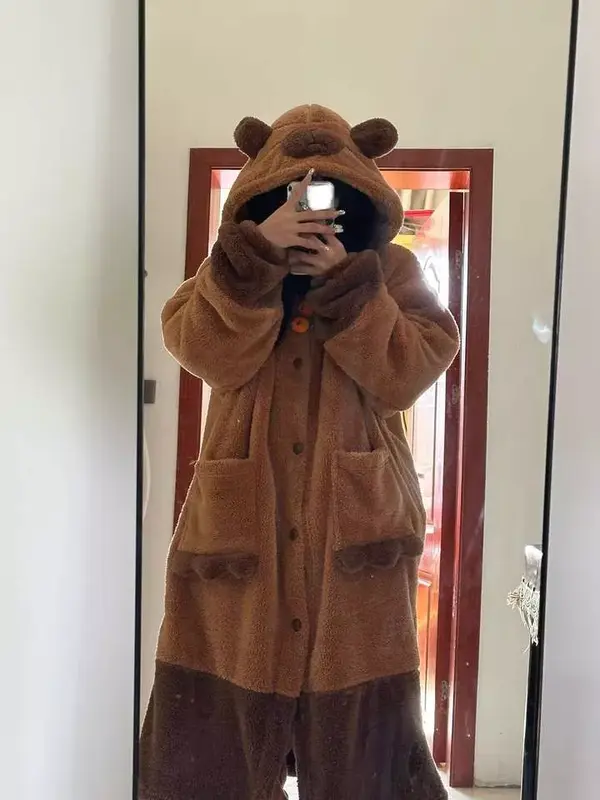 Áo choàng/Váy/ Bộ liền ngủ lông dài tay Capybara, Bộ đồ ngủ nữ mùa đông Capybara Áo ngủ Capybara Bộ Đồ Ngủ Vải Bông Nhung Capybara Dễ Thương T23 3