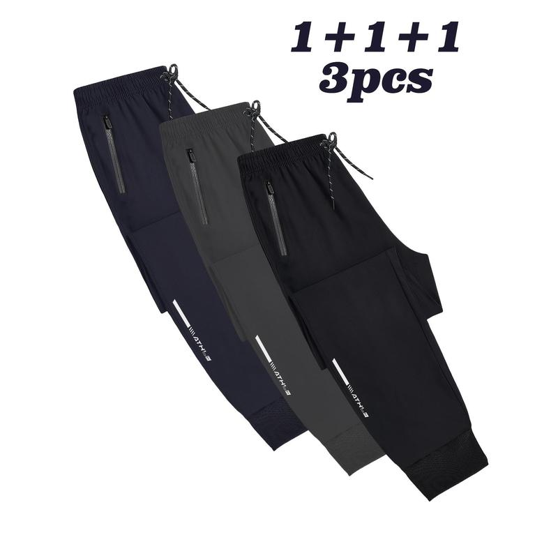 3-Pack Men'S Athletic Joggers, Breathable Polyester Sports Pants with Zipper, Non-Stretch Woven Fabric, Regular Fit, Printed Design for Outdoor Running & Fitness,/Fall Season - 95% Polyester, 5% Elastane 2