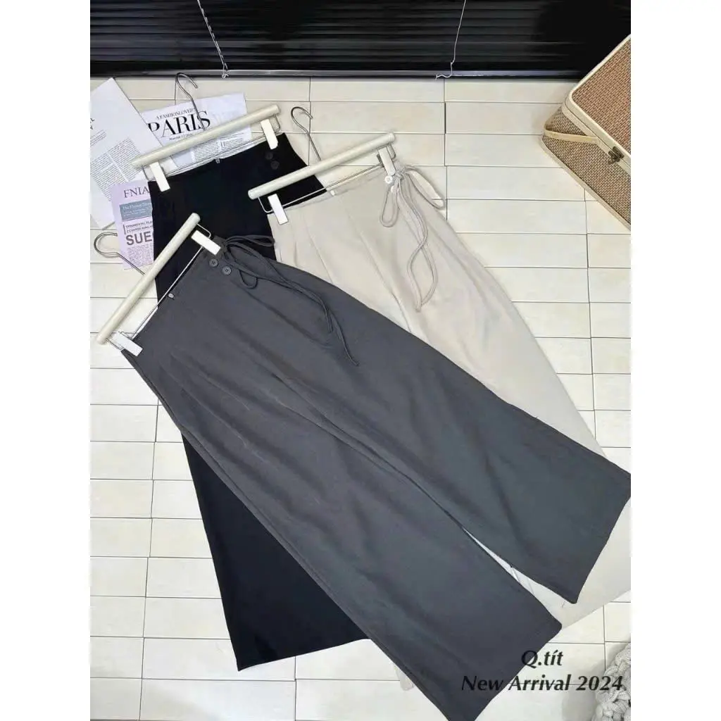 Quần Xuông Ống Rộng Cạp Cao Đính Dây Nơ 2 cúc Bigsize mã Q49