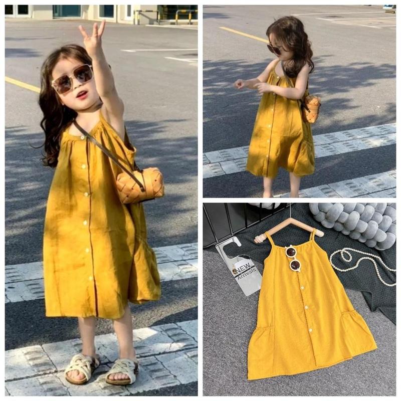 Váy 2 Dây Màu Vàng Có Túi Chất Đũi Xước Nhật Mềm Mại Dành Cho Bé Gái 8-33kg