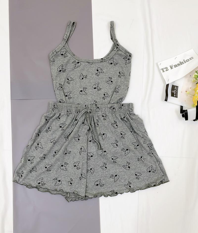 Product Introduction of Sét bộ đồ ngủ áo 2 dây và quần đùi họa tiết siu xinh chất Cotton co giãn T029 Nữ Nhung 18