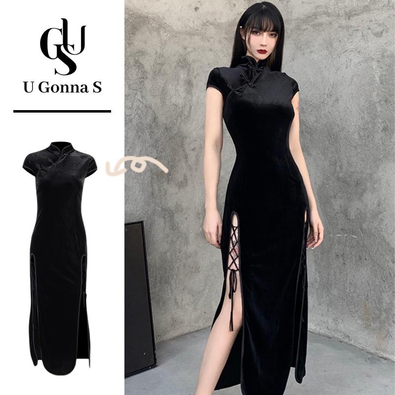 Đầm sườn xám 2024 dài hiện đại cho phụ nữ với Xẻ Bên Hông tay ngắn cổ áo Trung Quốc Bodycon sexy thiết kế thời trang đồng bằng màu đen giản dị womenswear Lady Casual gowns thoải mái cơ bản váy dầm cỡ lớn Plus Size