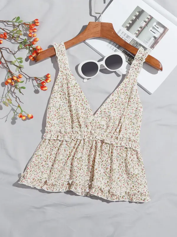 Women's Ditsy Floral Print Frill Trim Shirred Peplum Cami Top, Boho Fashion Deep V Neck Top for Daily Holiday Vacation Wear, Bohemian Tops for Women, Ladies Clothes for Summer, Womenswear, Summer Tops 0