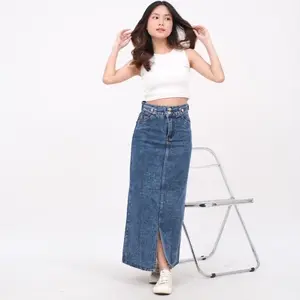 Theana Rok Jeans Skirt Double Kancing Wanita Panjang