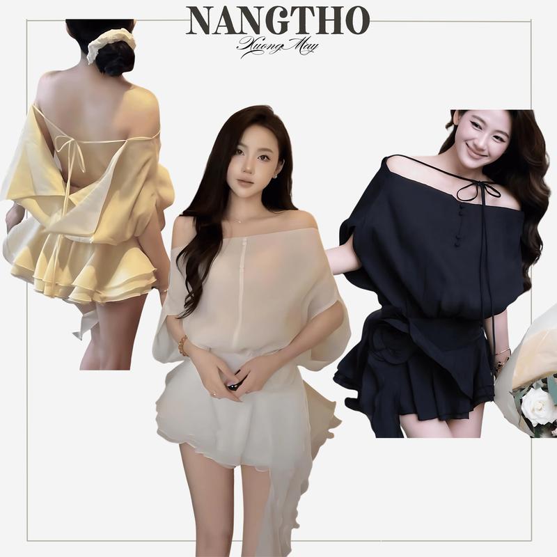 D182 Đầm Tơ Trễ Vai Hở Lưng Dáng Xoè Kèm Hoa To Tua Rua Có Lót Dày, Dây Kéo Phía Sau Nữ Women Dress váy  tơ