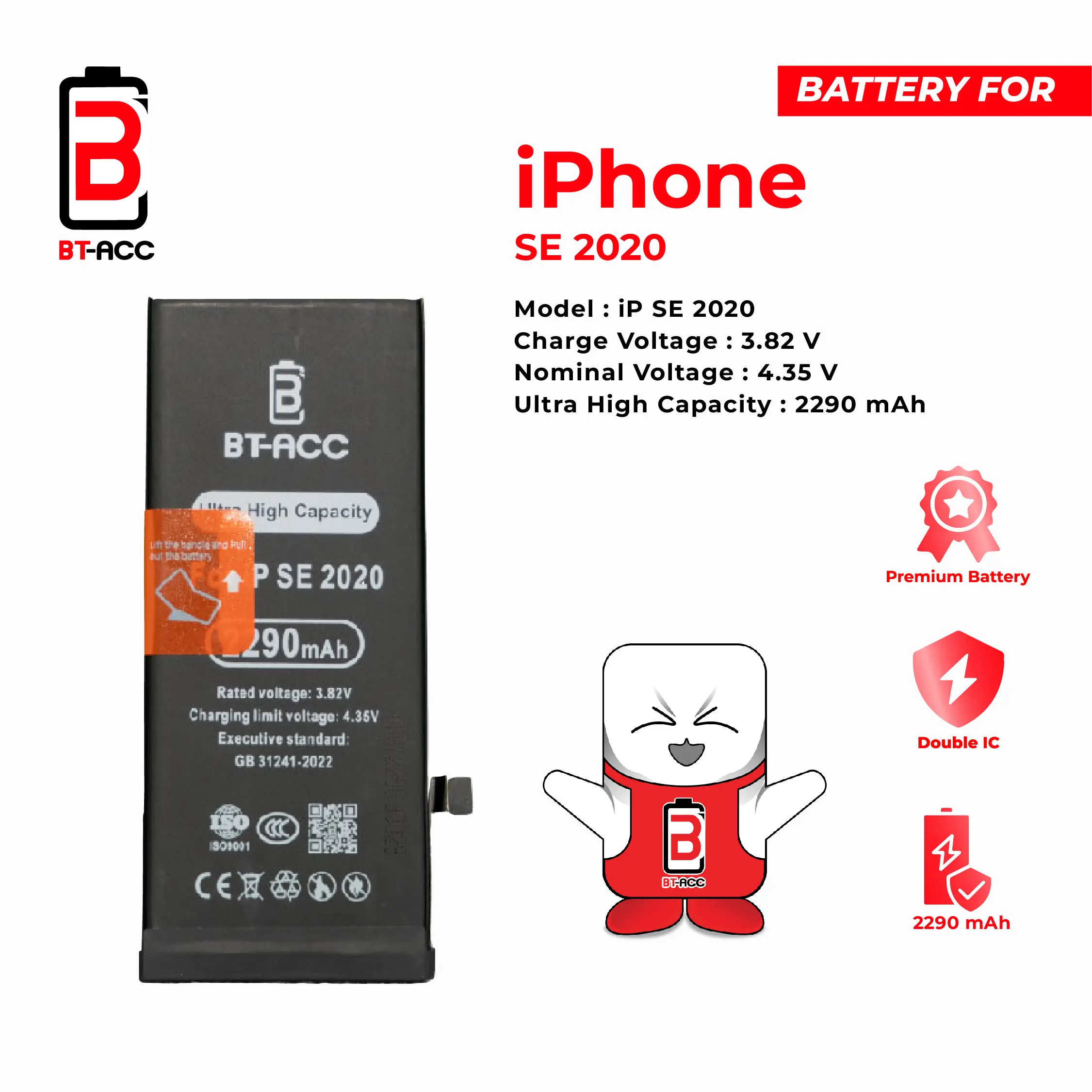 BT-ACC Ultra High Capacity Battery Baterai Batre For Iphone SE 2020 With 2290mAh