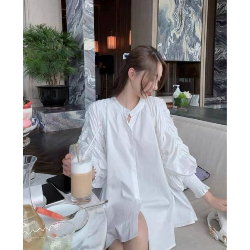 Áo sơ mi Nữ cổ lãnh tụ tay nhún mặc như from giấu quần xinh xiu top Women