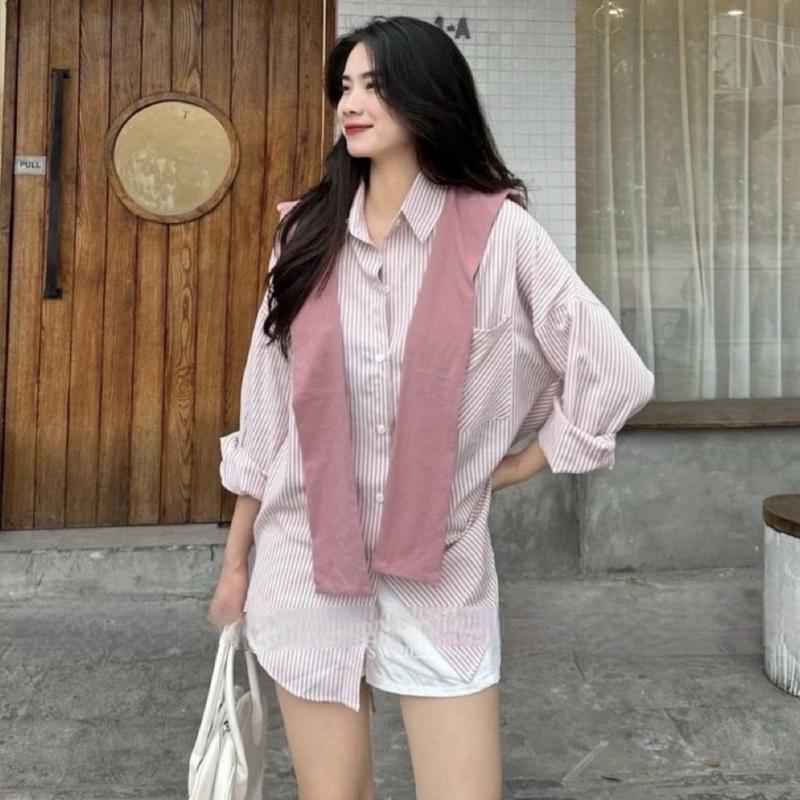 Áo Sơmi Kẻ Sọc Kèm Khăn Dáng Rộng Cá Tính Chất Umi Nữ Top Women Voi