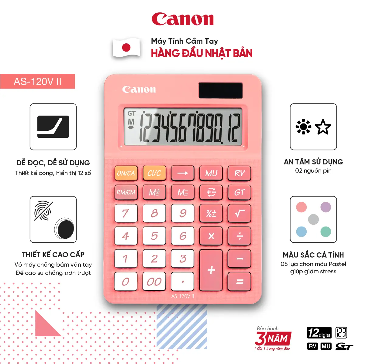 Máy Tính Cầm Tay Canon AS-120V Colours Series | Màu Pastel Trẻ Trung Với Vỏ Chống Bám Vân Tay | Canon Nhật Bản math calculators digital