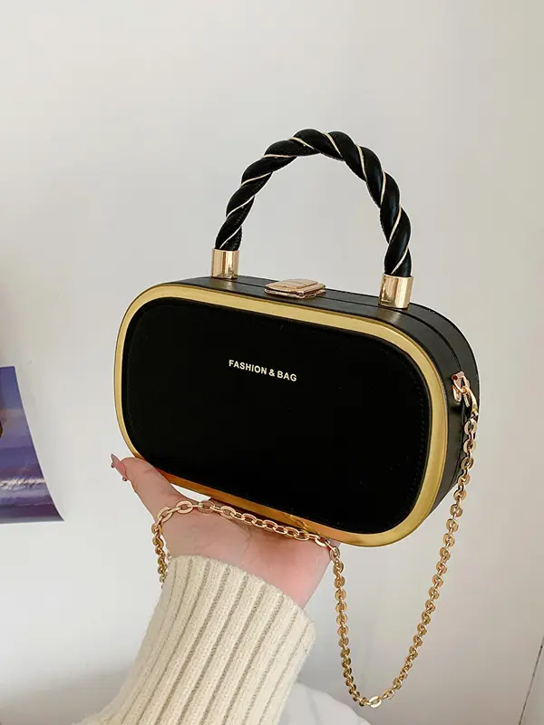 Women's Fashion Buckle Twist Decor Top Handle Chain Strap Crossbody Bag, Simple Letter Detail Metallic Trim Design All-match Box Bag, PU Leather Satchel, Unique Bags, Everyday Bags, Purse Women, Unique Gifts for Women 5