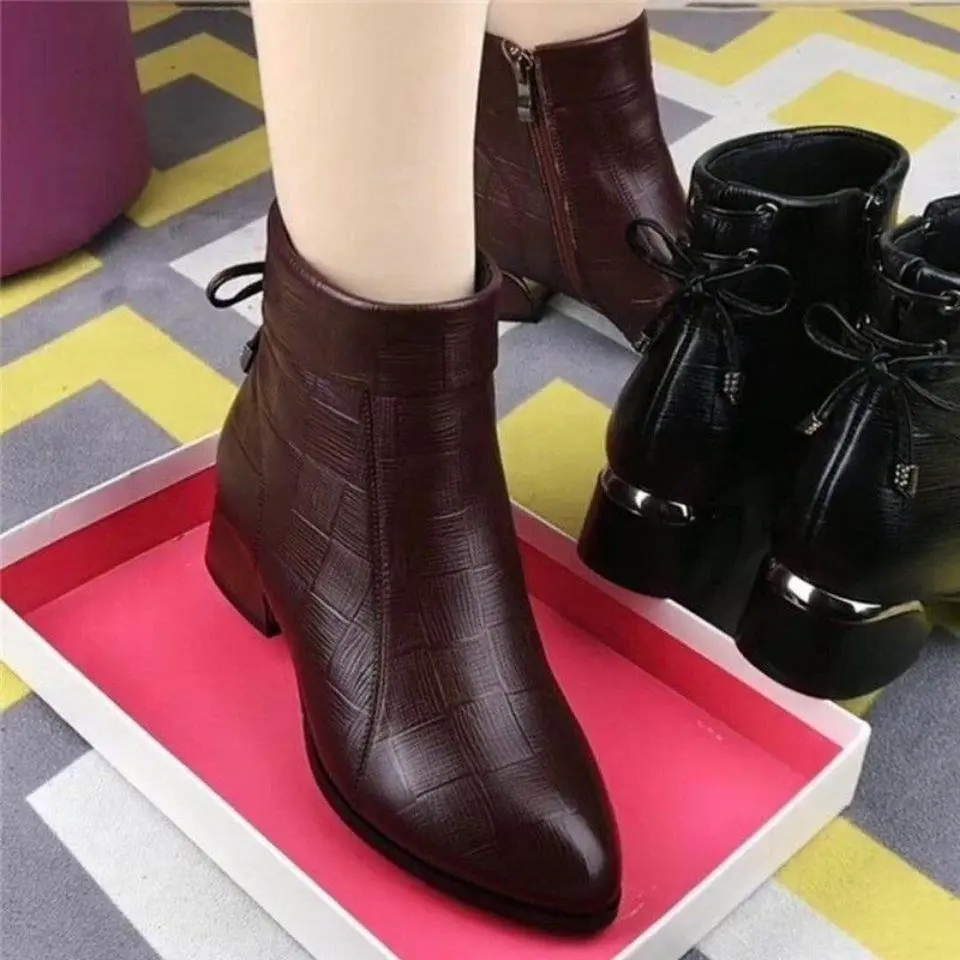 [Bow] Pointed Ankle Boots Women's Chunky Heel 2021 Autumn and Winter New Fleece-lined Martin Boots Comfortable All-Matching Fashion Boots