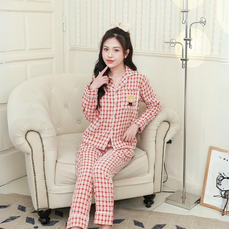 Đồ Ngủ Bộ mặc nhà Pijama Nữ Kẻ caro Tay dài chất vải gân nhung cao cấp