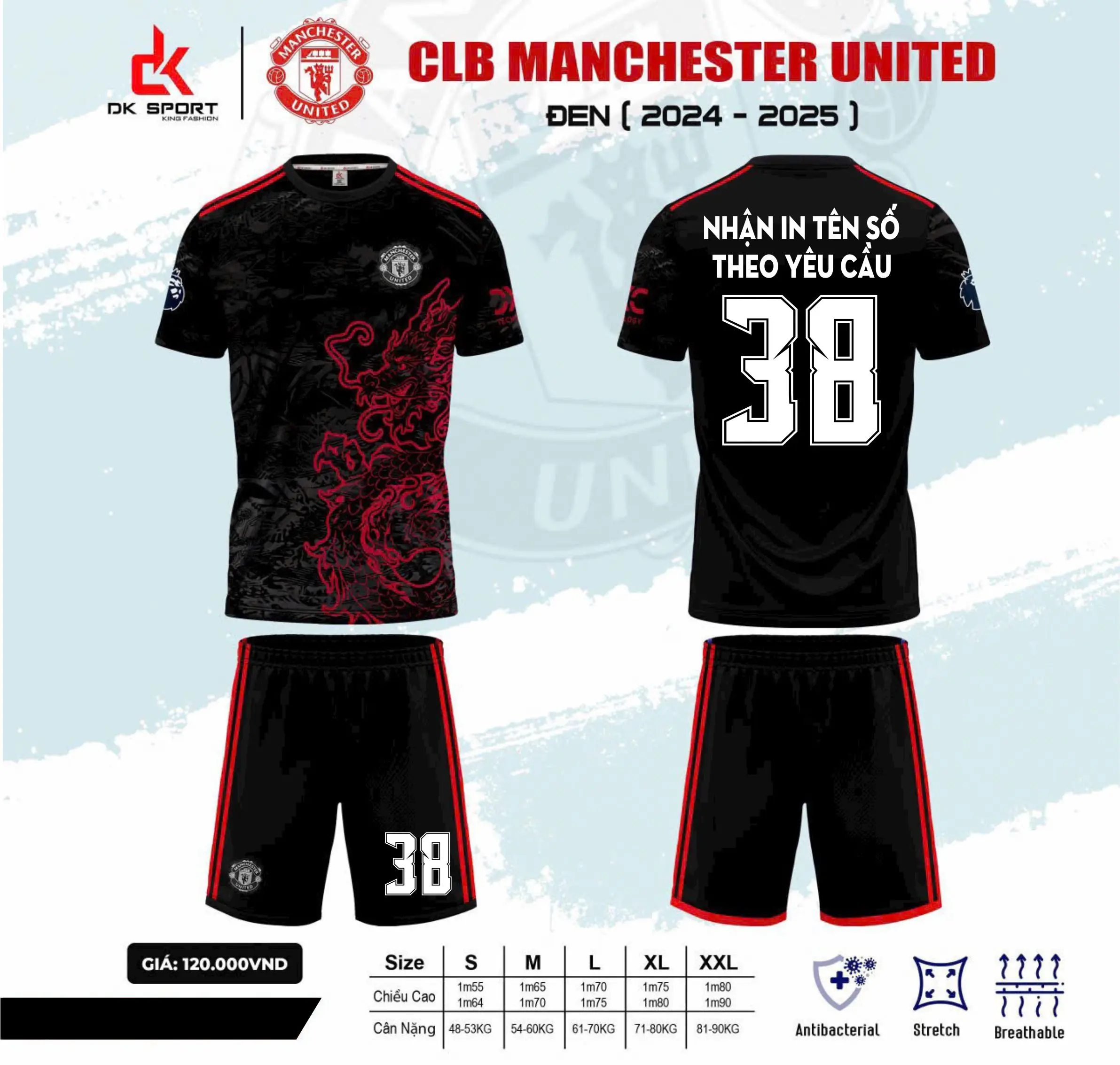 Áo đá bóng CLB Manchester United – MU màu Đen rồng, Vải thun lạnh thấm hút, co giãn thoải mái, logo áo quần thêu, có dây rút quần
