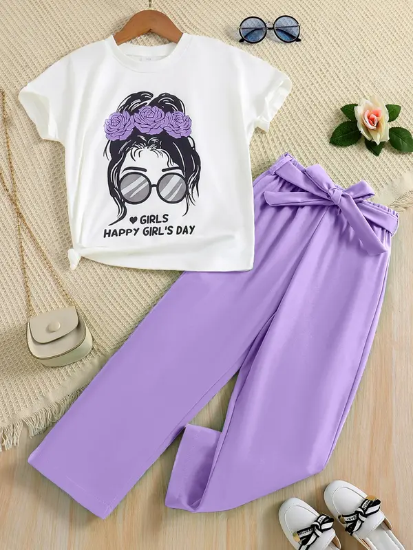 Two-piece Set Girl's Figure Letter Print Tee Top & Belted Straight Leg Pants Set, Round Neck Short Sleeve T-shirt & Elastic Waist Trousers for Daily Wear, Kid's Summer Clothes 6