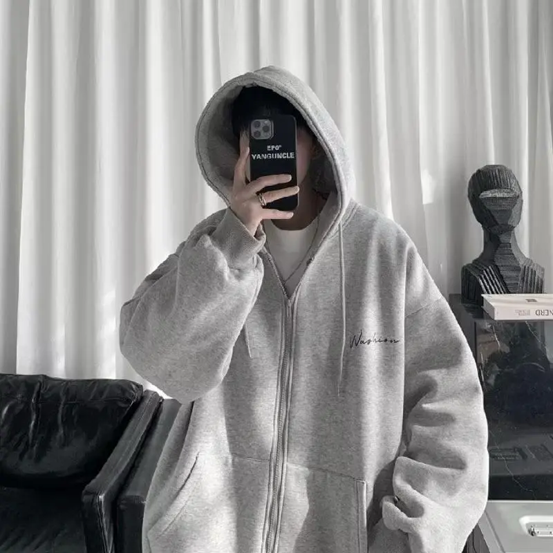Áo Khoắc Nỉ Dáng Rộng Nam Nữ Màu Xám Tiêu Mũ 2 Lớp Unisex In Chữ Washion