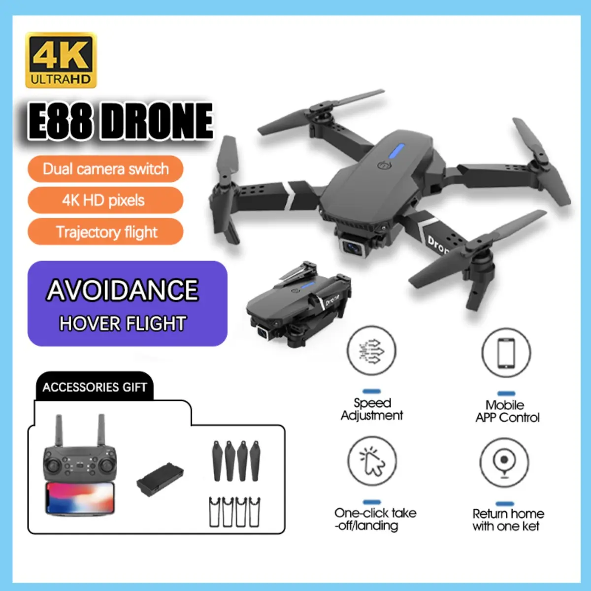 E88 Drone 4K HD Camera WiFi Remote Control Obstacle Avoidance Beginner Drone Accessory Charging Automatic Durable Foldable Phone Chargeable