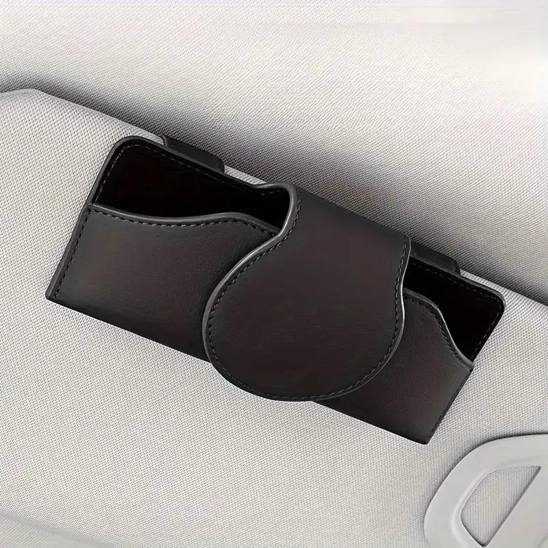 Car Sun Visor Glasses Holder, PU Leather Car Sun Visor Glasses Storage Clip, Vehicle Sun Visor Organizer with Magnetic Closure