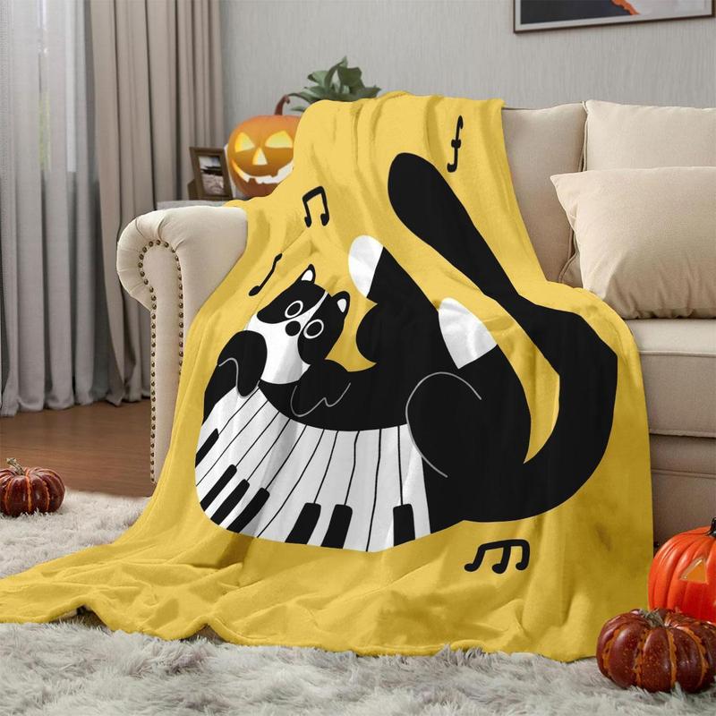 Product Introduction of Cat & Piano Pattern Blanket, 1 Count Soft Comfortable Warm Throw, Air-conditioned Room Blanket, Warm Nap Blanket for Home & Office 2