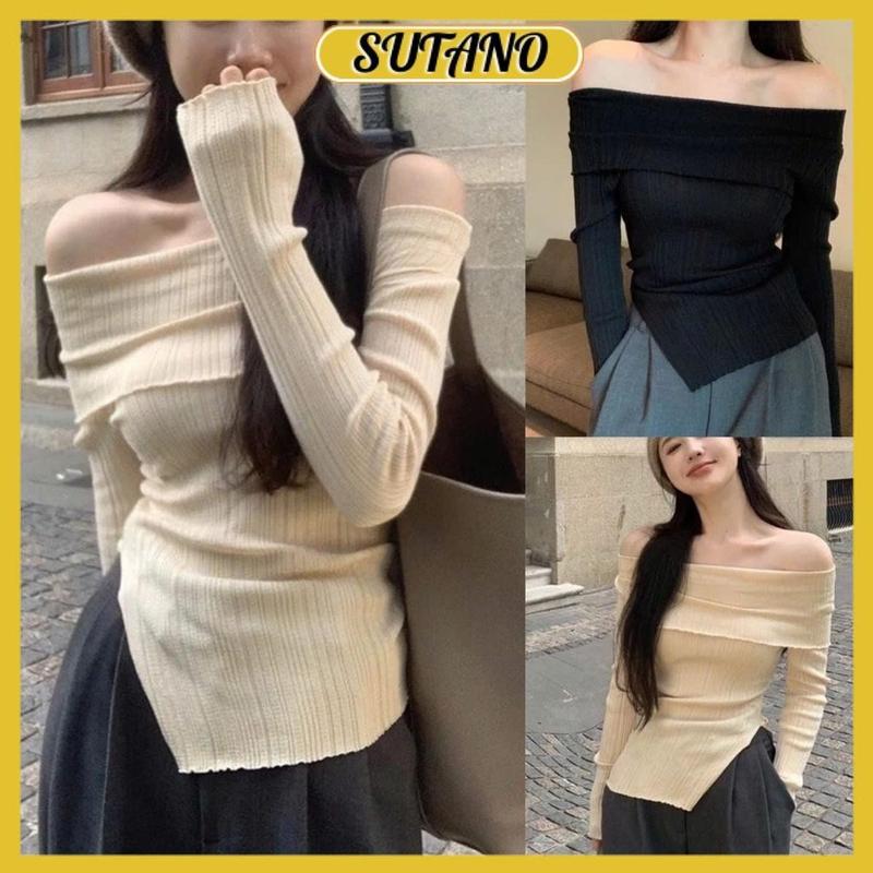 Áo trễ vai nữ dài tay áo thun xẻ tà hở vai nữ tính điệu đà tiểu thư chất gân thái cao cấp A350 SUTANO